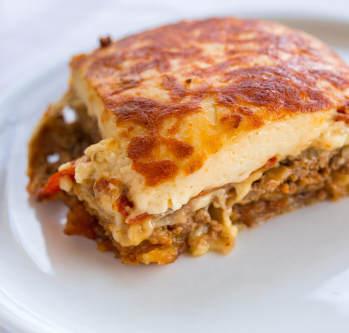 Portion of greek moussaka on the plate